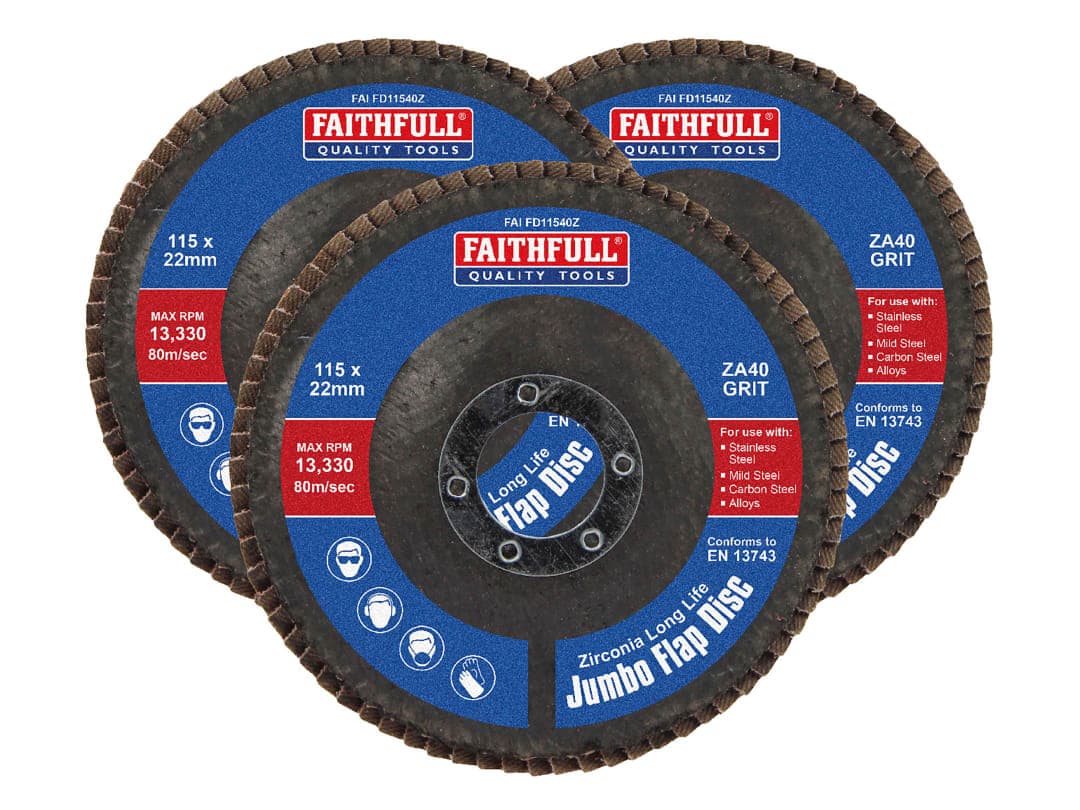 Faithfull Zirconia Abrasive Jumbo Flap Disc 115 x 22mm 40 Grit (3 Pack) FAIFD11540Z3