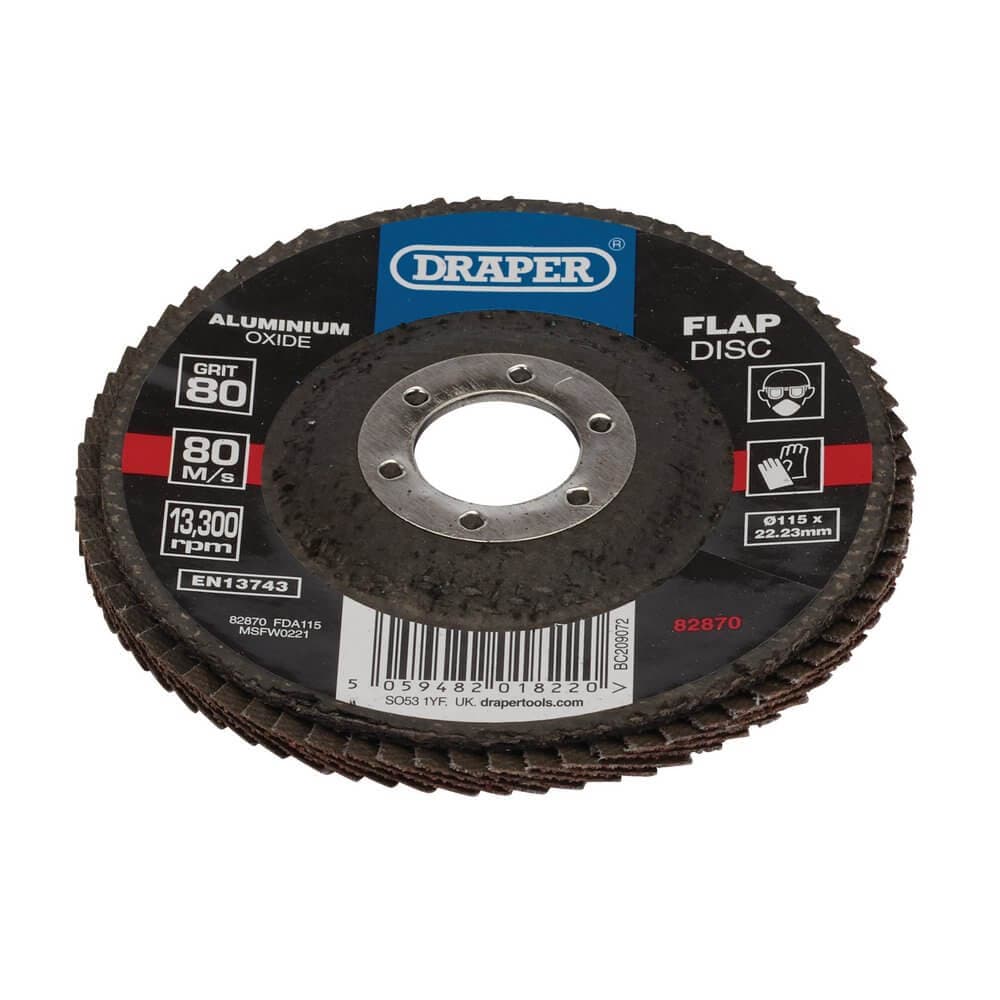 Draper 82870 Aluminium Oxide Flap Disc 115 X 22.23Mm 80 Grit each 1