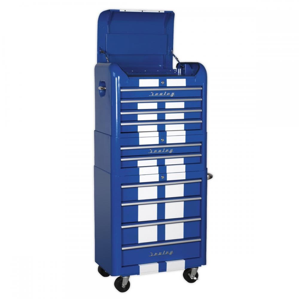 Sealey AP28COMBO2BWS Retro Style Topchest Mid-Box & Rollcab Combination 10 Drawer Blue/White Stripes