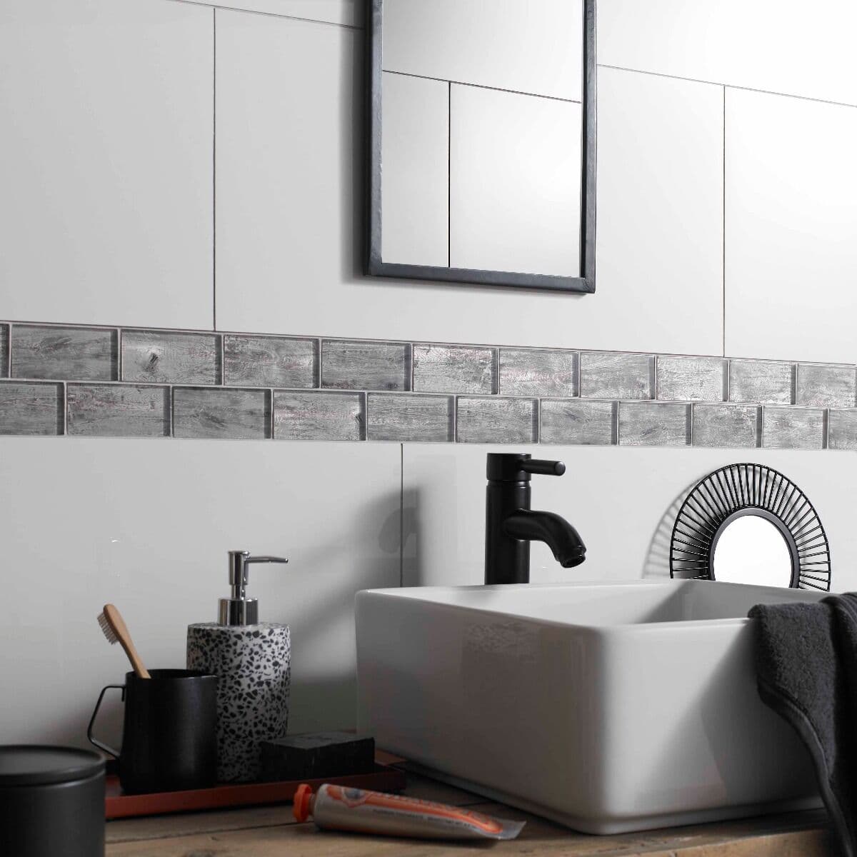 Horizon Silver Wood Effect Glass Brick Mosaic 48x98mm