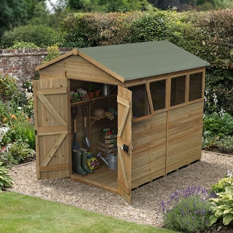 Forest Garden 8' x 6' Forest Timberdale 25yr Guarantee Tongue & Groove Pressure Treated Double Door Apex Shed - 4 Windows (2.46m x 2.03m)