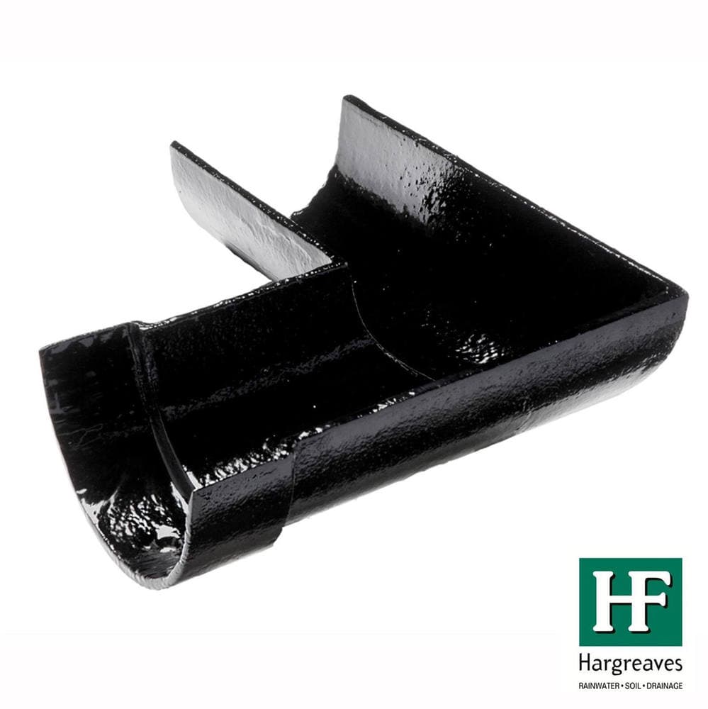 Hargreaves Premier Cast Iron Deep Half Round Gutter Left Hand Angle - 90 Degree x 125mm Black
