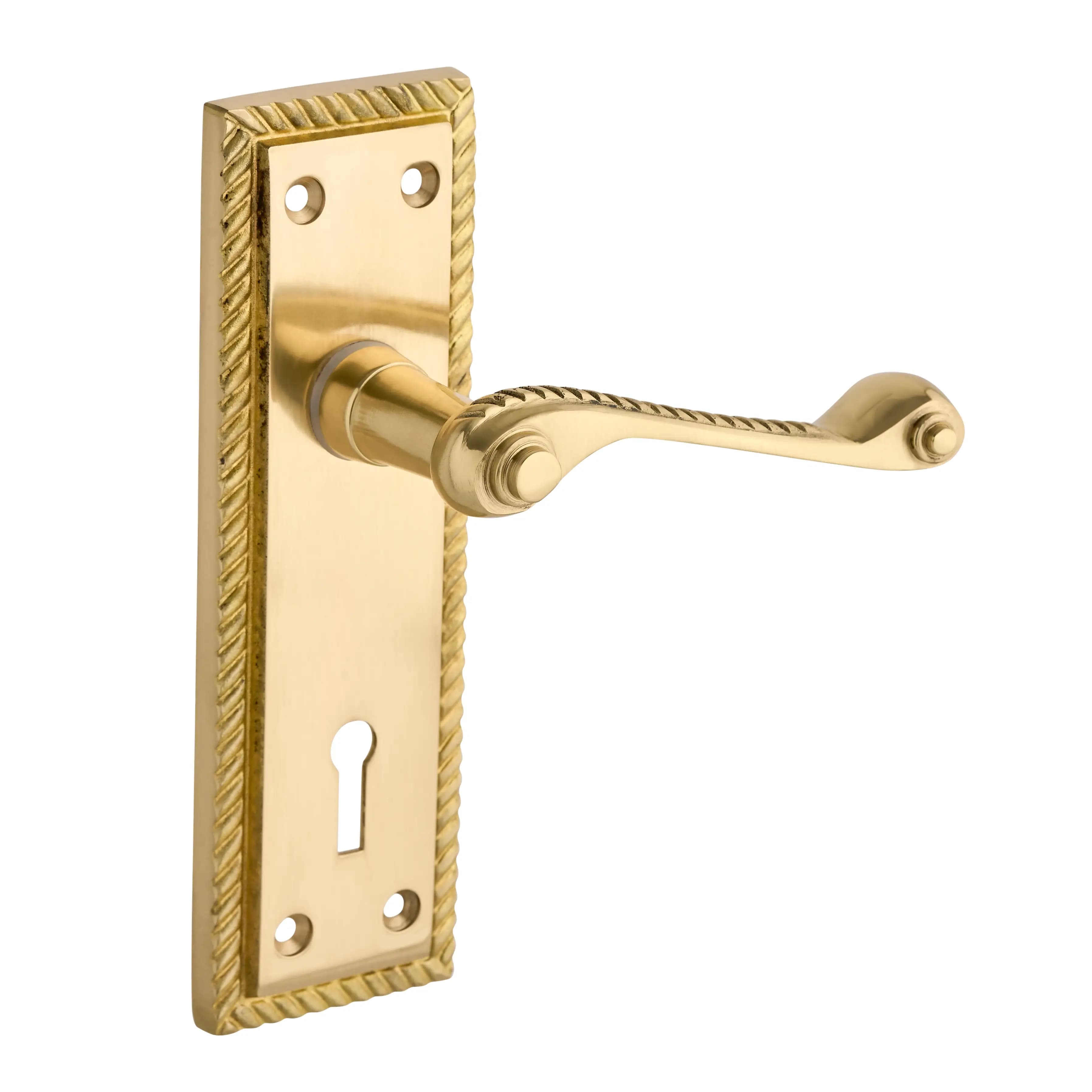 Polished Brass Georgian Long Backplate Scroll Lever Lock Door Handle - Pair - Designer Levers
