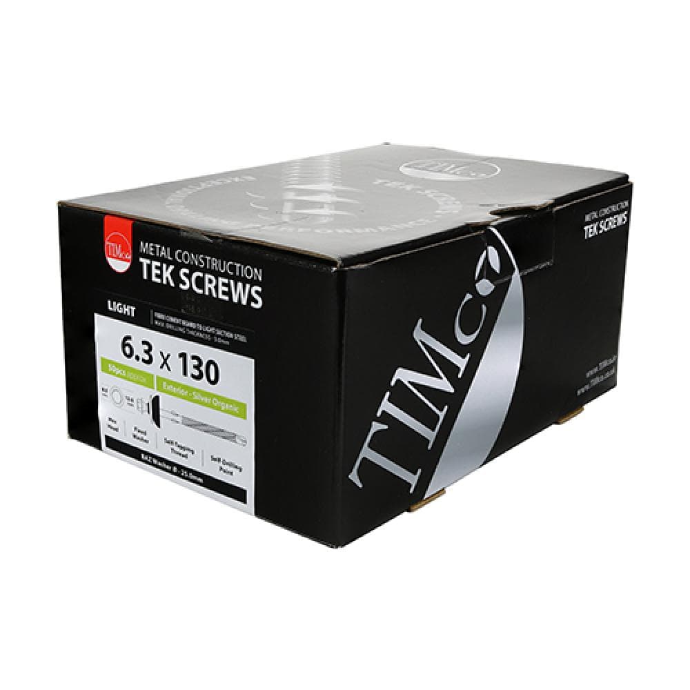 Timco 731274 Metal Construction Fibre Cement Board To Light Section Screws - Hex - Self-Drilling - Exterior - Silver Organic 6.3 X 130 Box 50