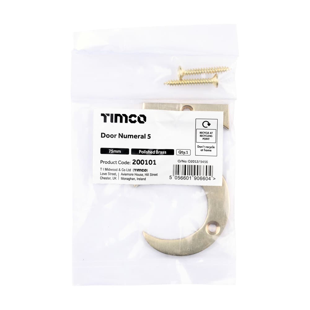 Timco Door Numeral 5 - Polished Brass Bag 1 200101