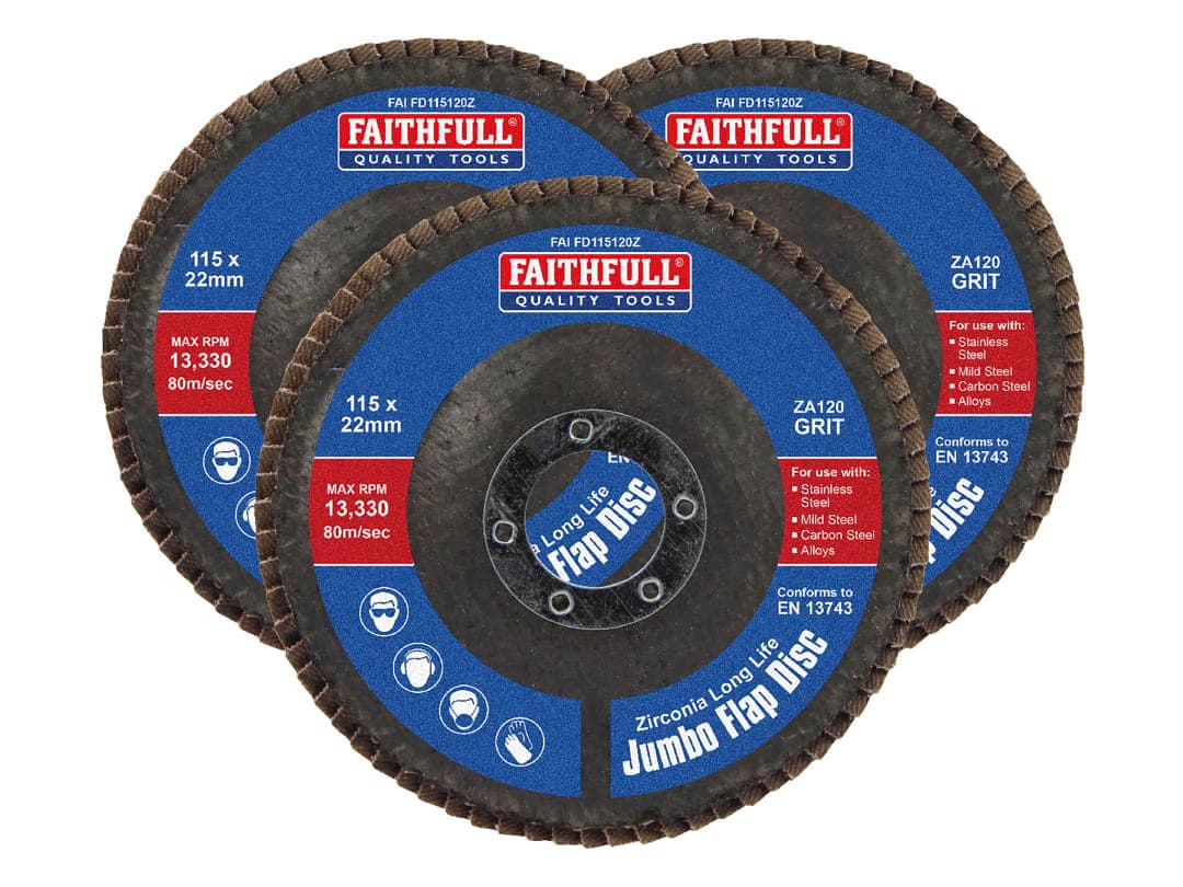 Faithfull Zirconia Abrasive Jumbo Flap Disc 115 x 22mm 120 Grit (3 Pack) FAIFD11512Z3