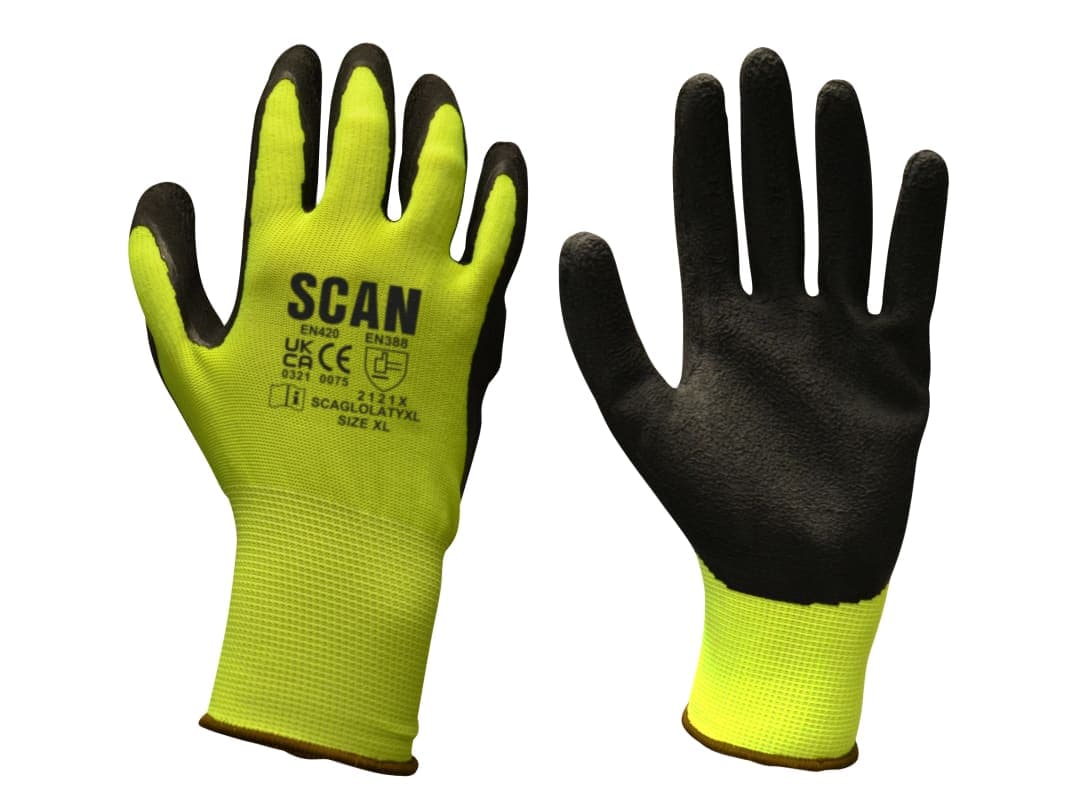 Scan Hi-Vis Yellow Foam Latex Coated Gloves - L (Size 9) 2ARK49L-24