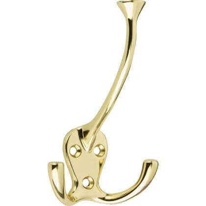 Wide Tip Triple Prong Hat & Coat Hook - Brass Plated - Wall/Door Mountable - Decohooks