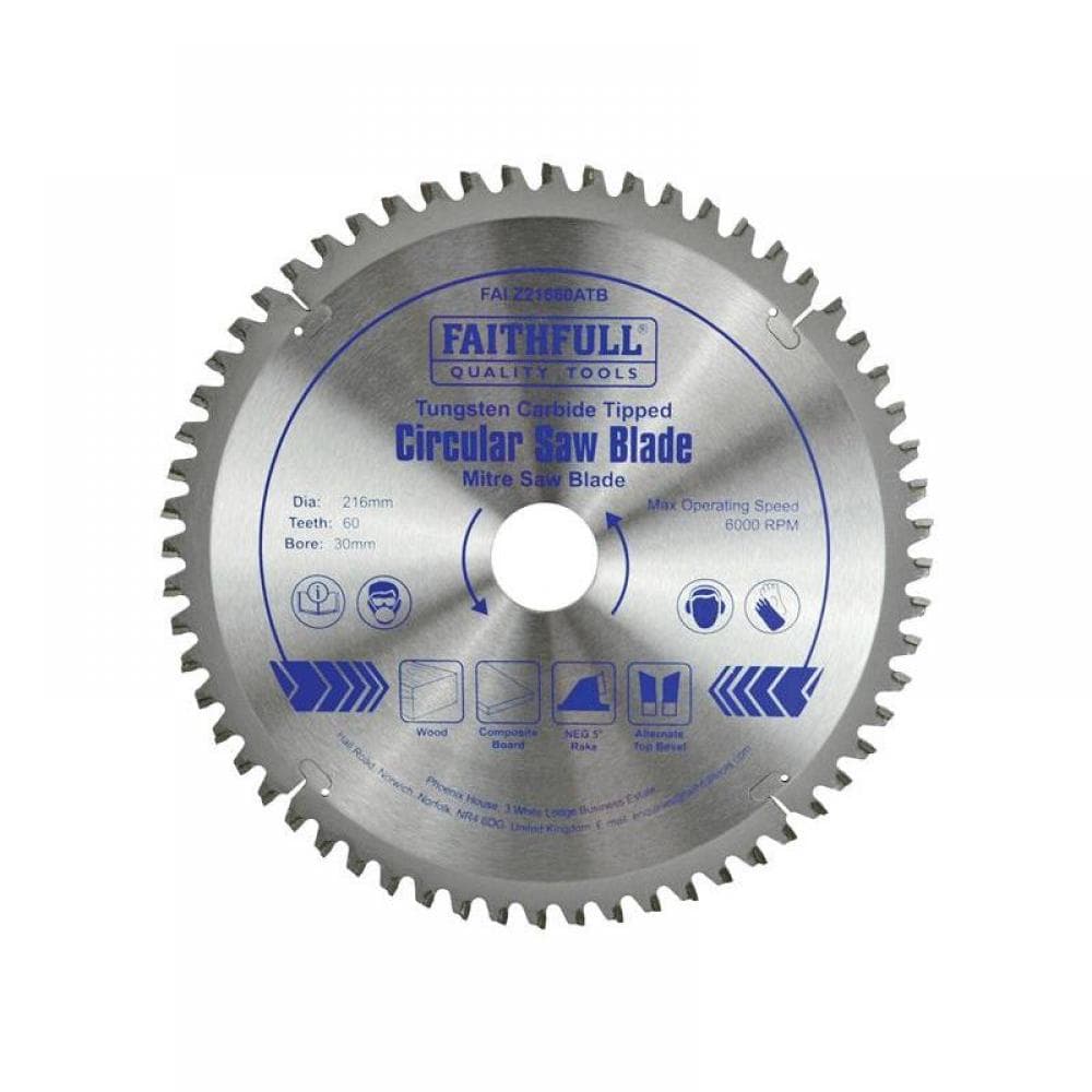 Faithfull Tct Cross Cut Mitre Saw Blade 216 X 30Mm X 60T Neg