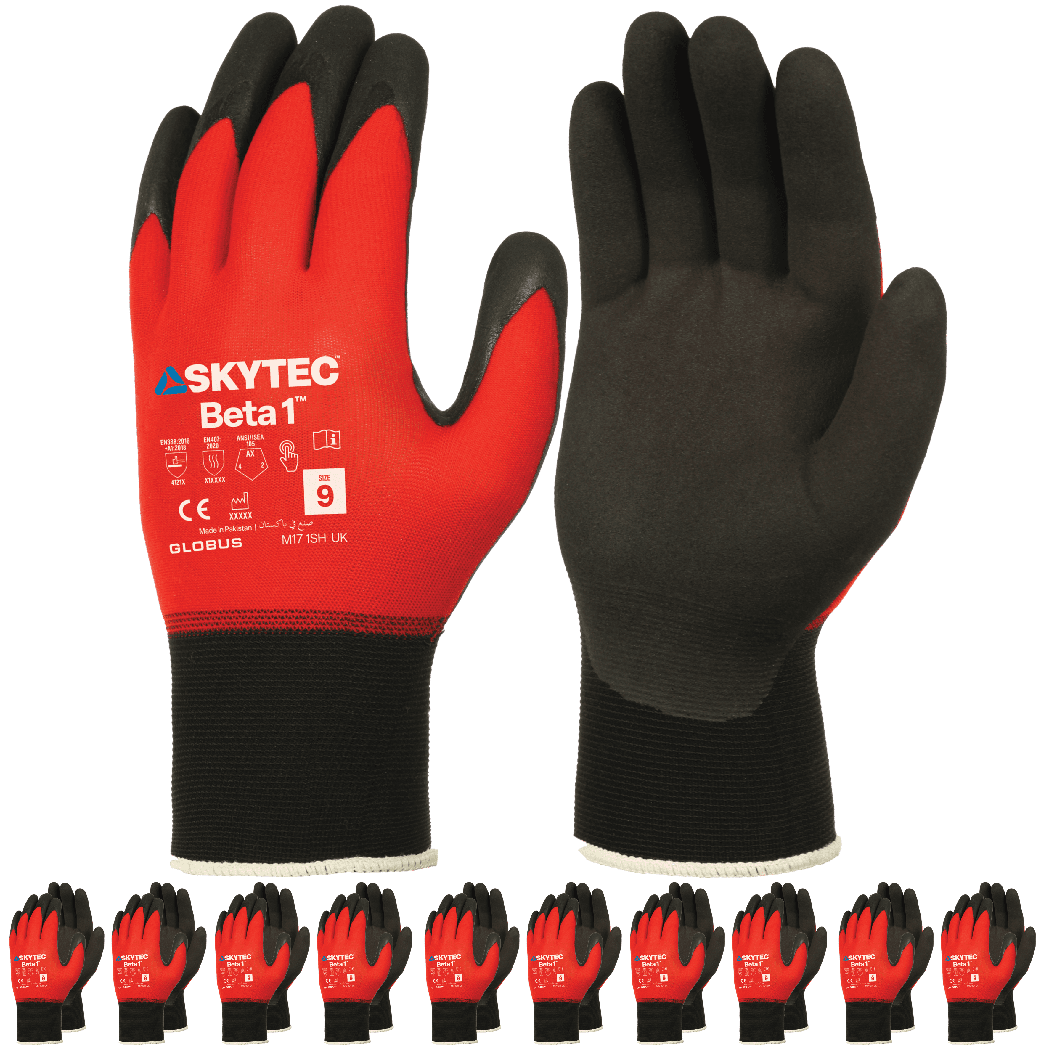 SKYTEC Beta 1 Tricolore Flexible Lightweight Low Cut Protection Red Safety Work Gloves with Grip Palm (PACK of 10 PAIRS)