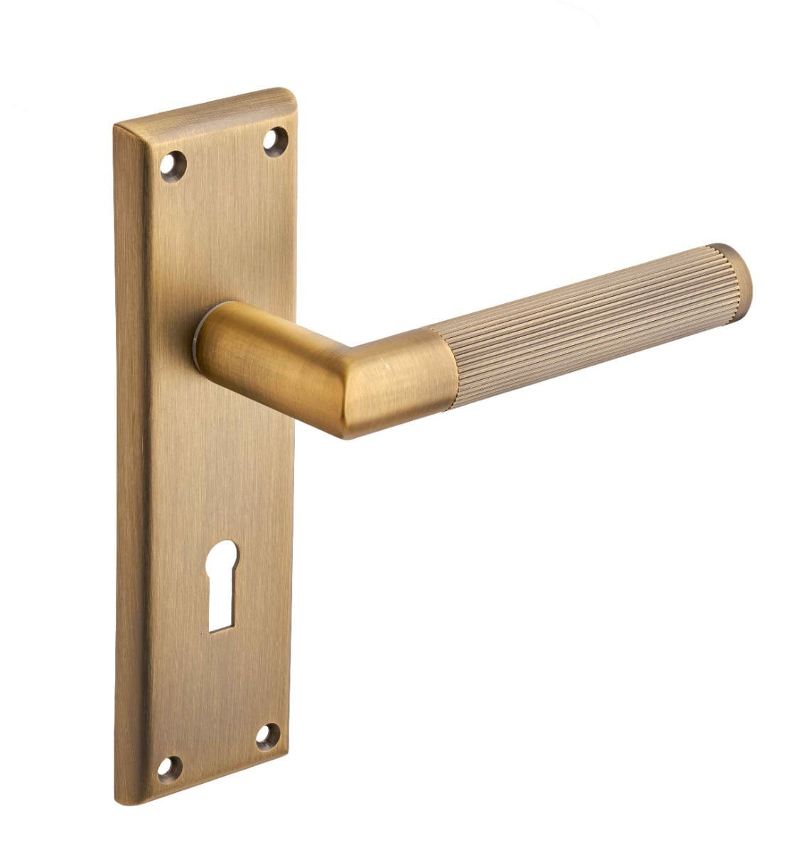 Newington Ribbed Lever Lock Door Handle on Backplate - Antique Brass - Designer Levers