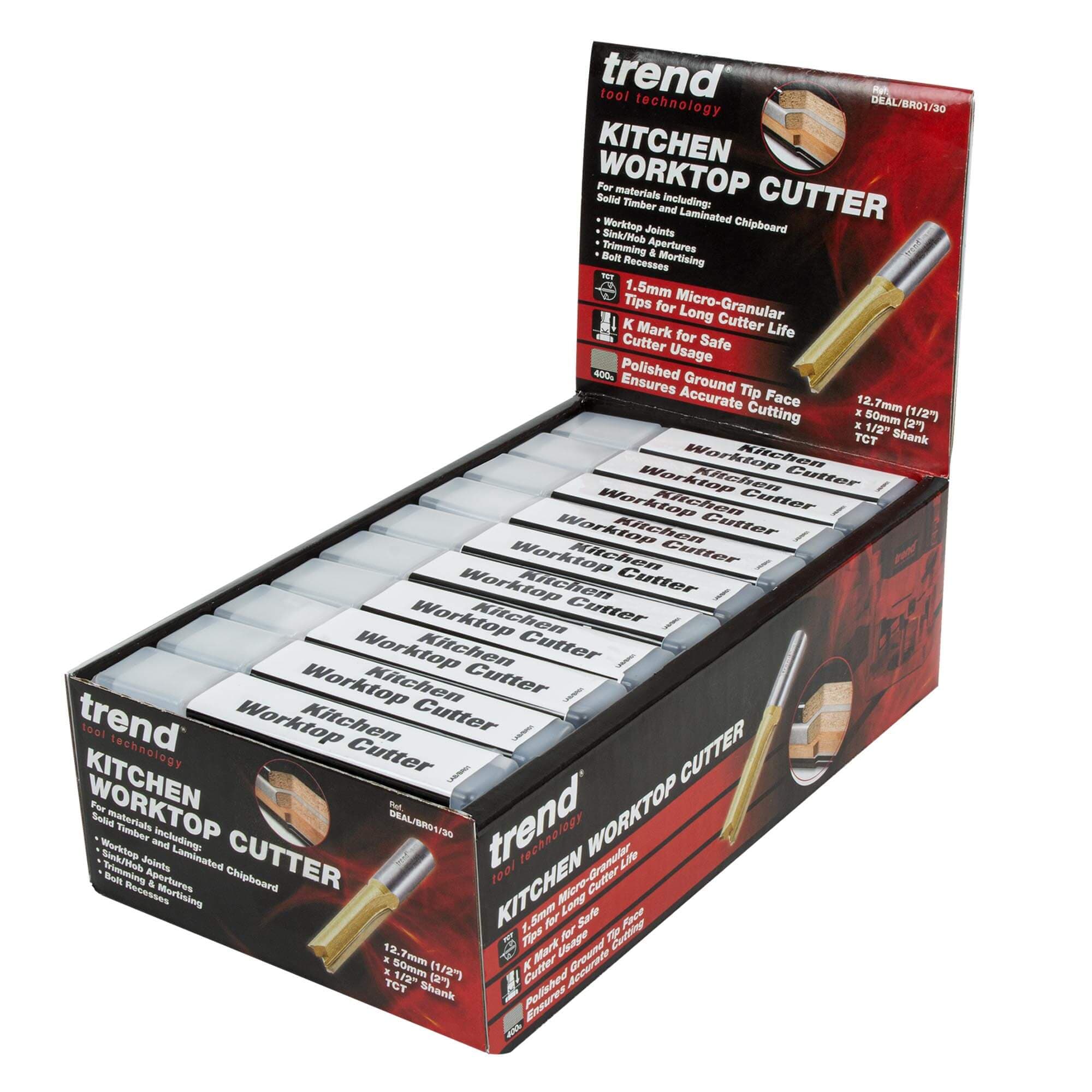 Trend 1/2in Tct Two Flute Straight Worktop Router Cutter 12.7Mm X 50Mm 30 Pack Pk 1 DEAL/BR01/30