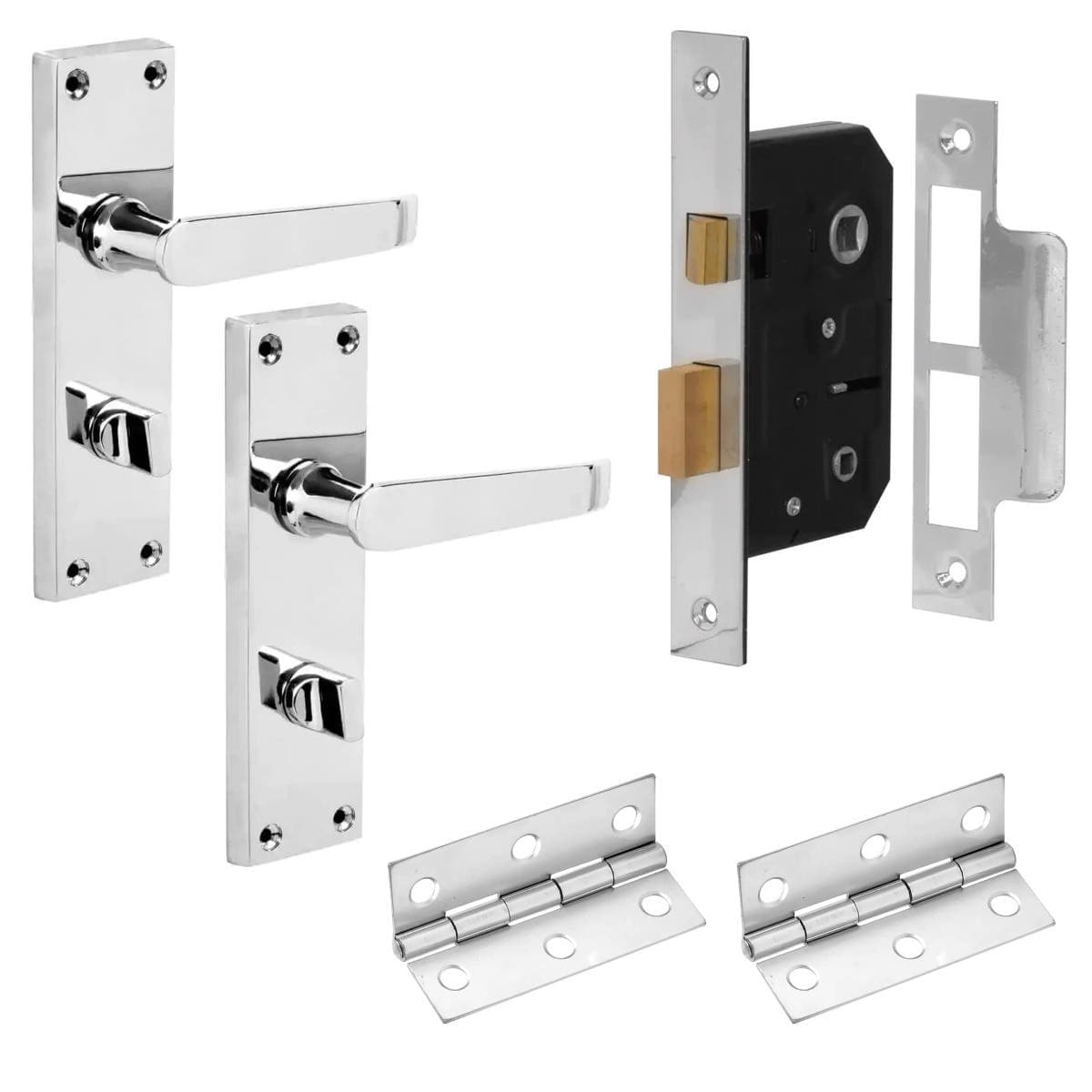 Victorian Straight Door Handle Complete Bathroom Door Pack - Polished Chrome - Handle/Thumb Lock/Hinges - Designer Levers