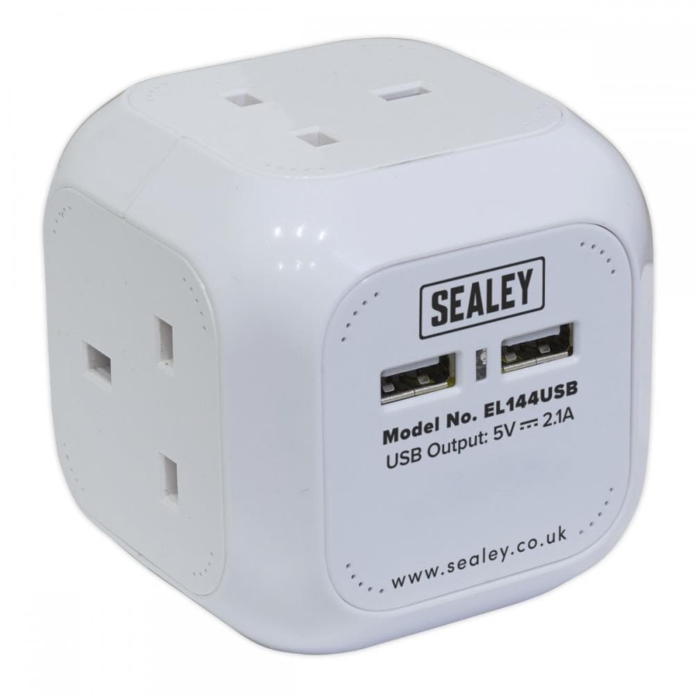 Sealey EL144USB Extension Cable Cube 1.4M 4 X 230V & 2 X Usb Sockets - White