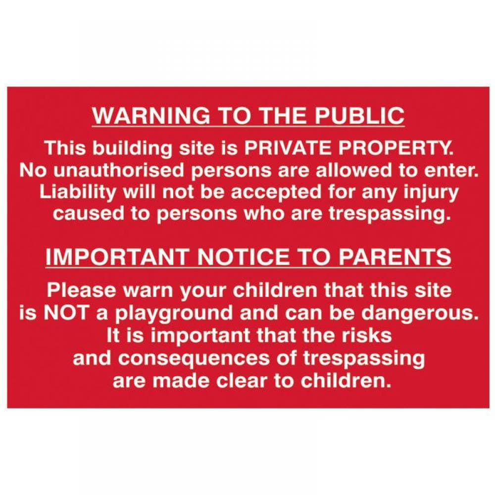 Scan 4251 Building Site Warning To Public & Parents - Pvc Sign 600 X 400Mm