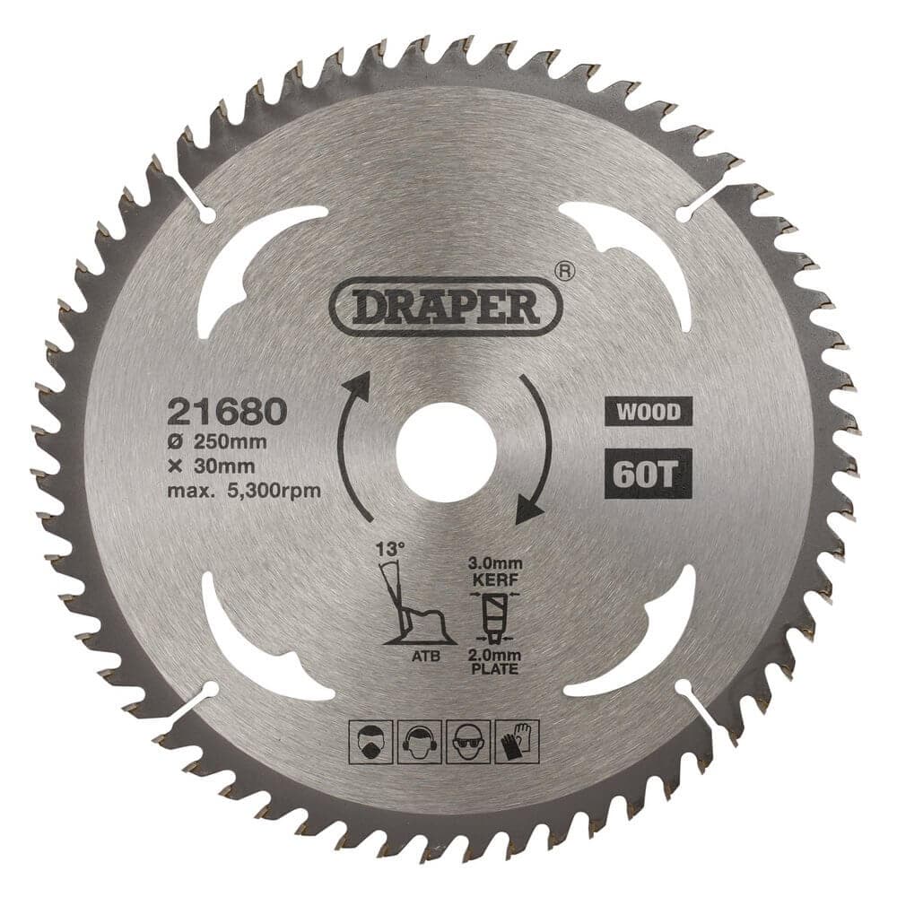 Draper 21680 Tct Circular Saw Blade For Wood 250 X 30Mm 60T each 1