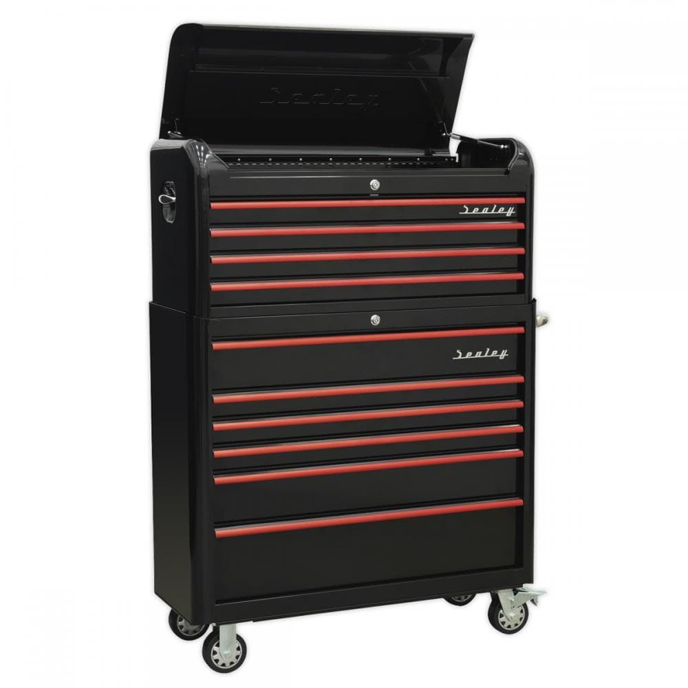 Sealey AP41COMBOBR Retro Style Wide Topchest & Rollcab Combination 10 Drawer-Black With Red Anodised Drawer Pull