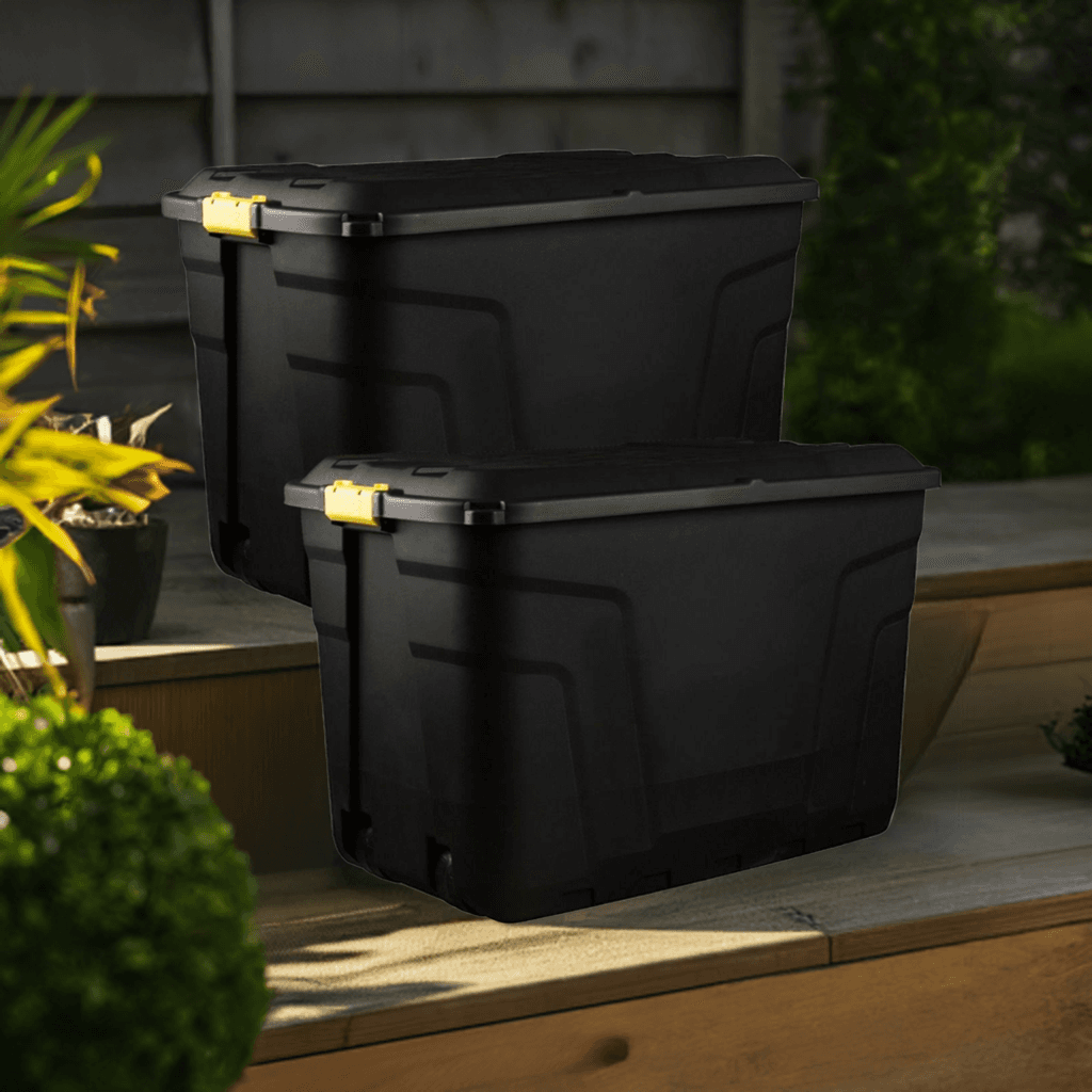 190L Heavy Duty Plastic Storage Box with Wheels and Lockable Lid – Black, Set Of 2 Black Original Organics