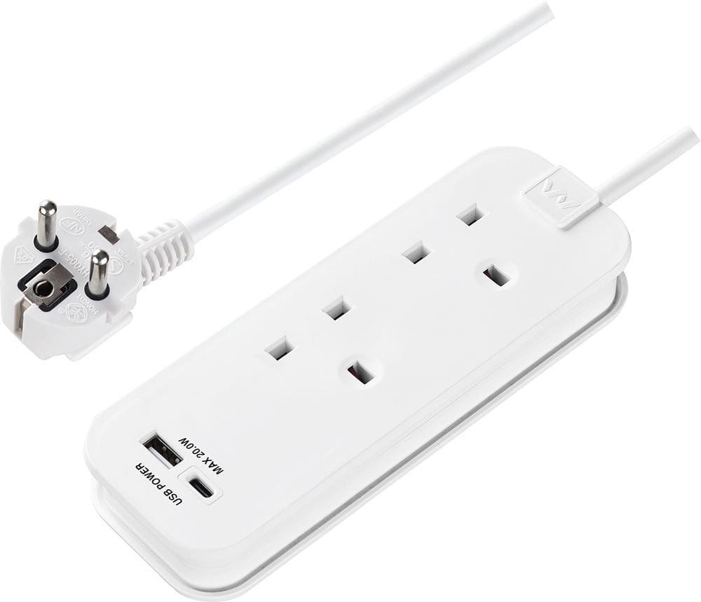 UK to Europe Travel 2 Socket Extension - 13A - 0.5M - IP20 - 1 x USB A and 1 x USB C - White