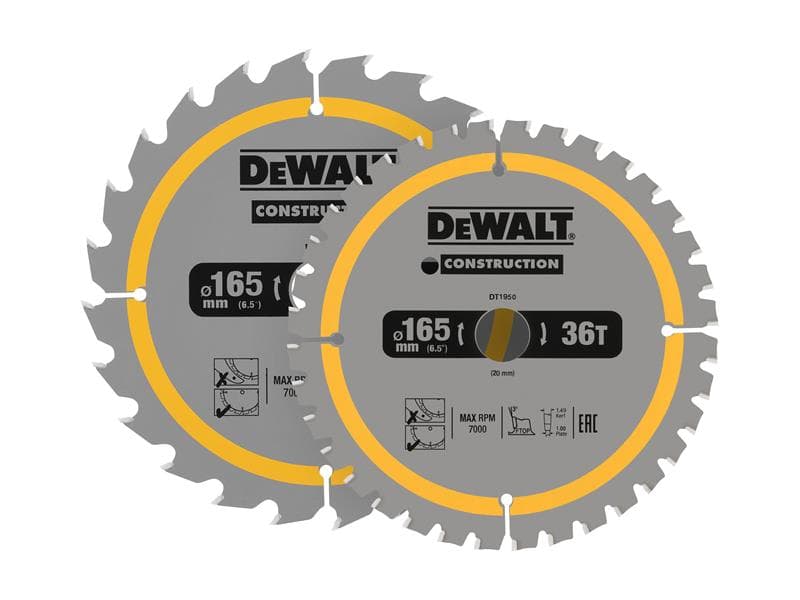 Dewalt DT90270-QZ Dt90270 Construction Circular Saw Blade 2 Pack 165 X 20Mm X 24T/36T