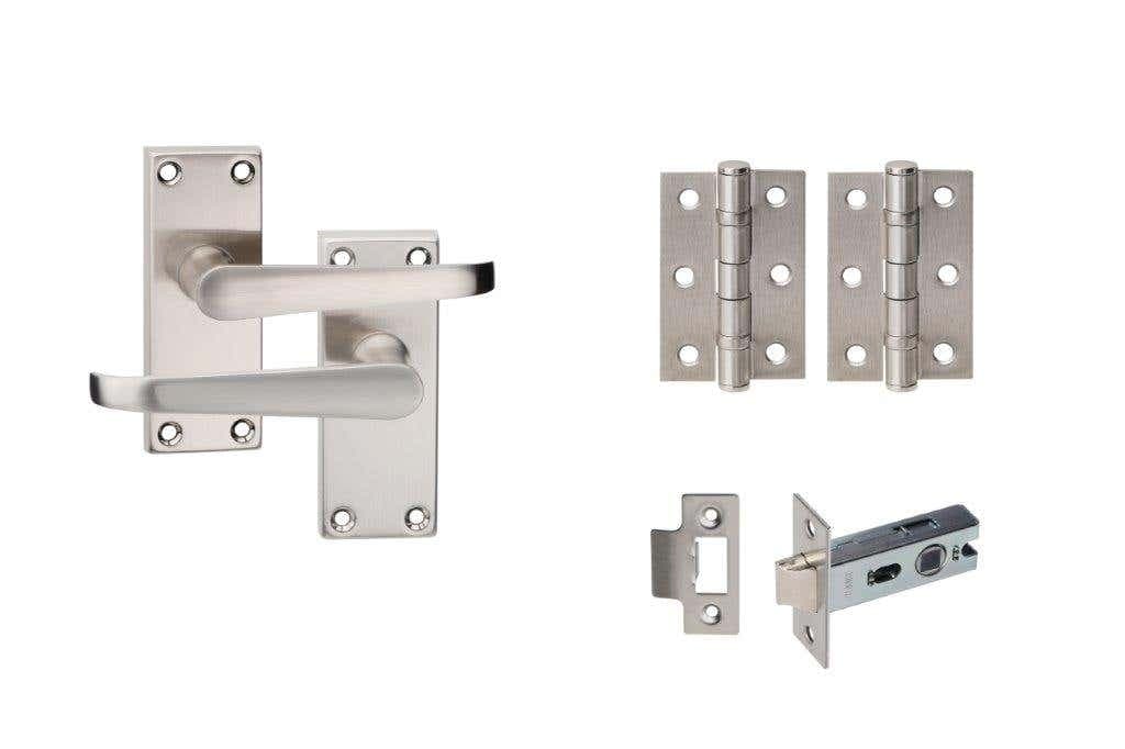 Victorian Straight Latch Door Pack - Handle/Latch/Hinges - Satin Nickel - Internal - Designer Levers