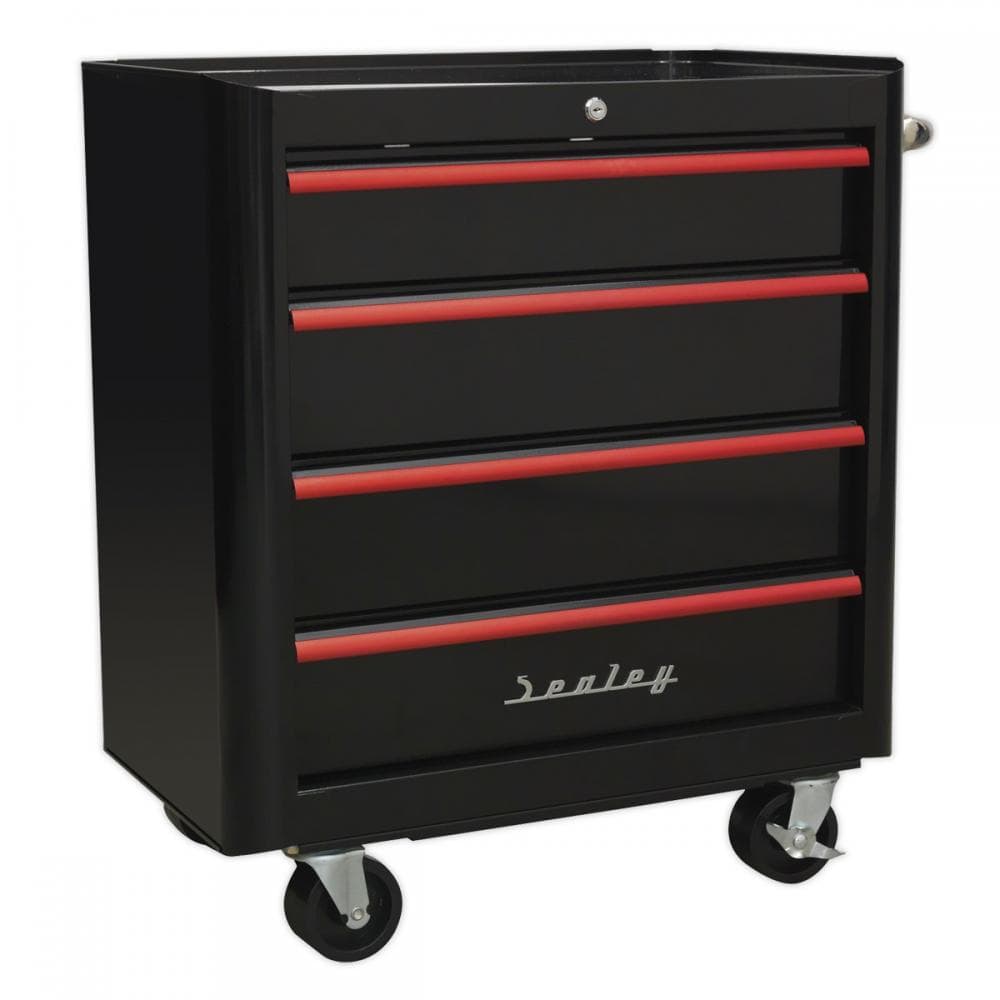 Sealey AP28204BR Rollcab 4 Drawer Retro Style- Black With Red Anodised Drawer Pulls