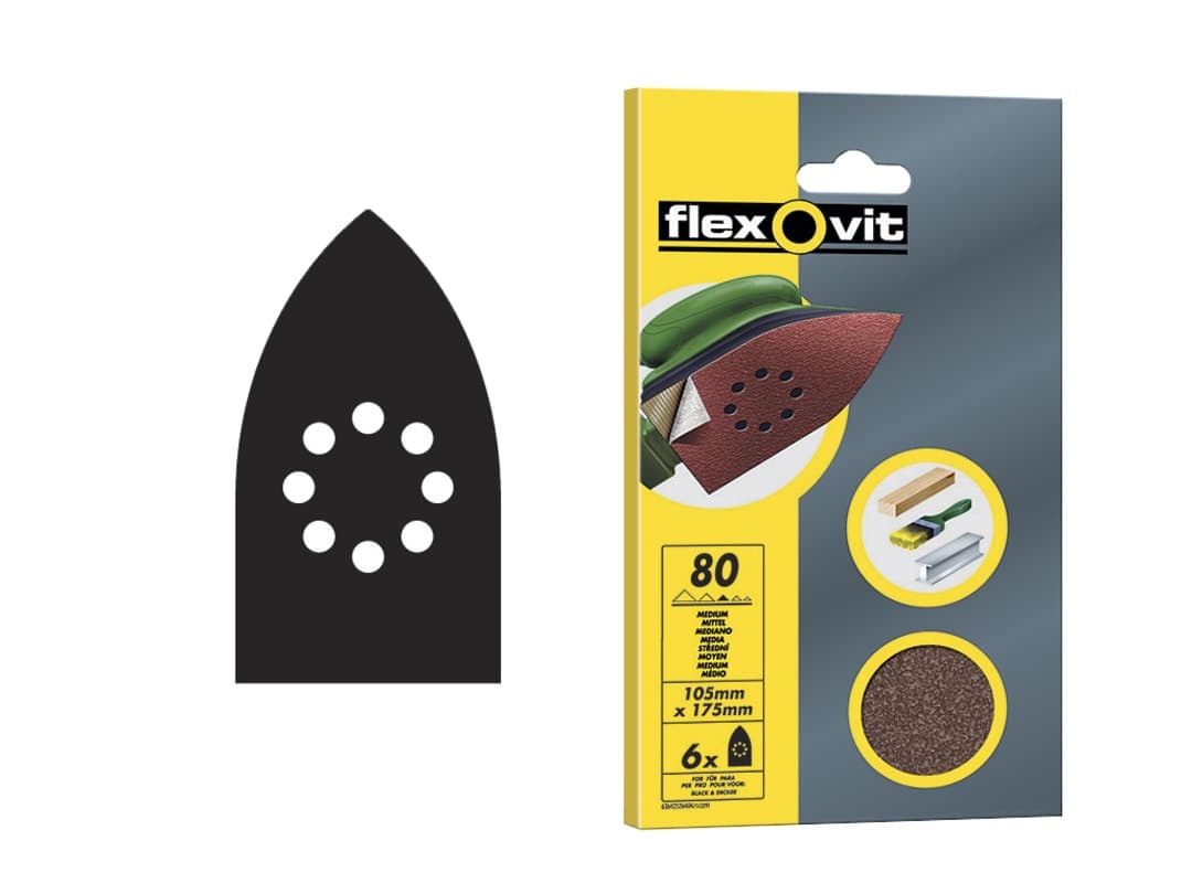 Flexovit Detail Hook & Loop Sanding Sheets 105x175mm Medium 80G (Pack 6) 63642526404