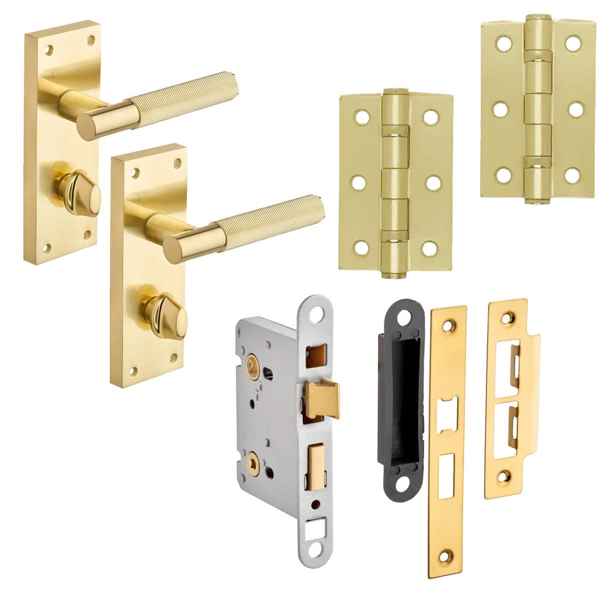 Marylebone Knurled Lever Bathroom Door Pack - Brushed Brass - Handle/Hinges/Sashlock - Designer Levers