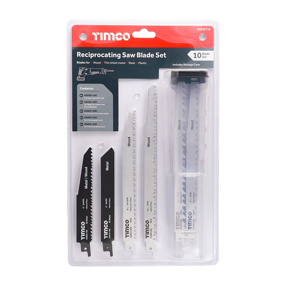 Timco SABSET10 Reciprocating Saw Blade Mixed Set - Wood & Metal Cutting - High Carbon Steel & Bi-Metal Mixed Pack 10