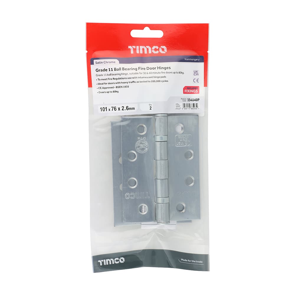 Timco Grade 11 Ball Bearing Fire Door Hinges - Satin Chrome TIMbag 1 334040P