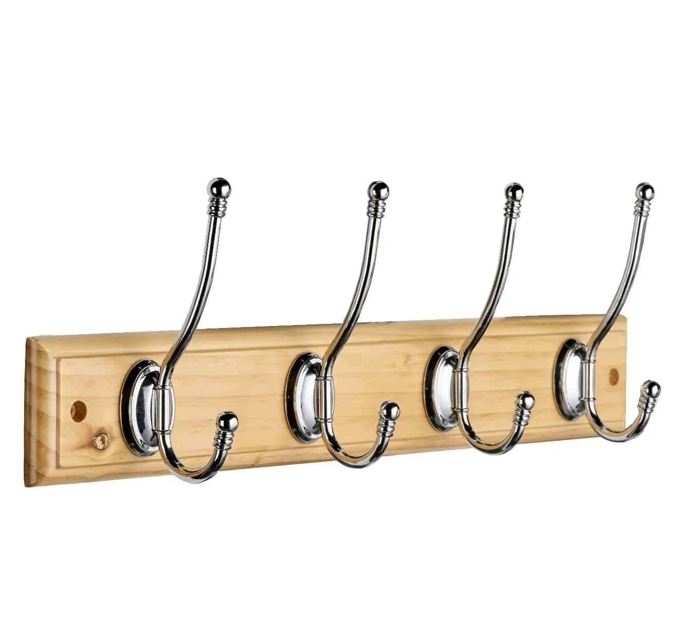 4 Polished Chrome Double Hat & Coat Hooks on Pine Wooden Board - 450mm - Decorails