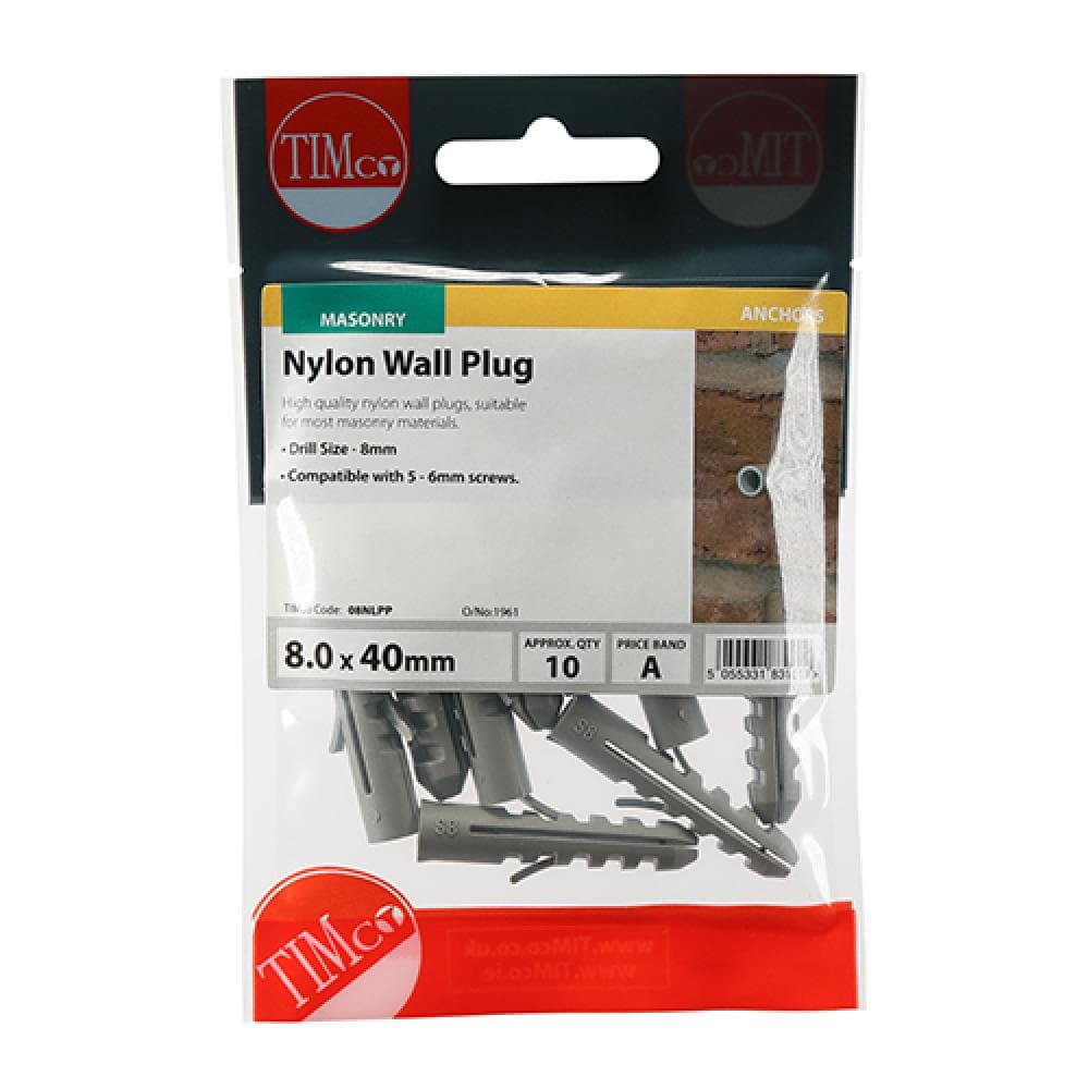 Timco 08NLPP Nylon Plugs 8.0 X 40 TIMpac 10