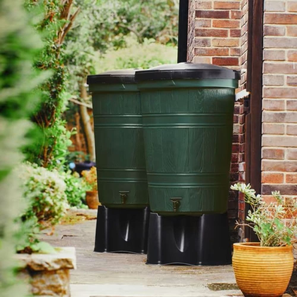 Medium Set of 2 - 200L Garden Lake Water Butts with Gutter Mate Kit Recycled Plastic Green Original Organics