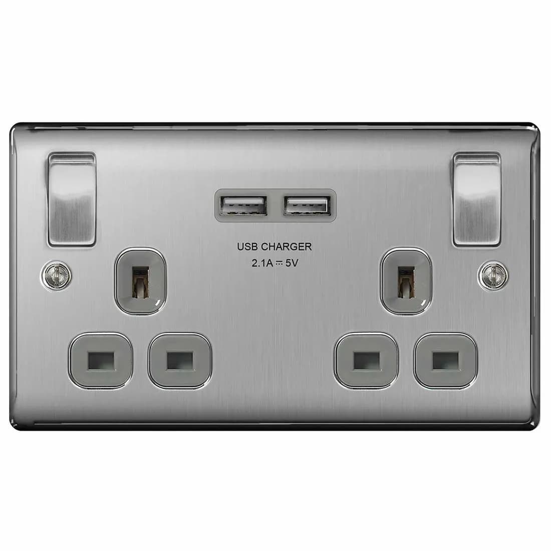 Bg Nexus 2G Switched Socket With 2Xusb Brushed Steel