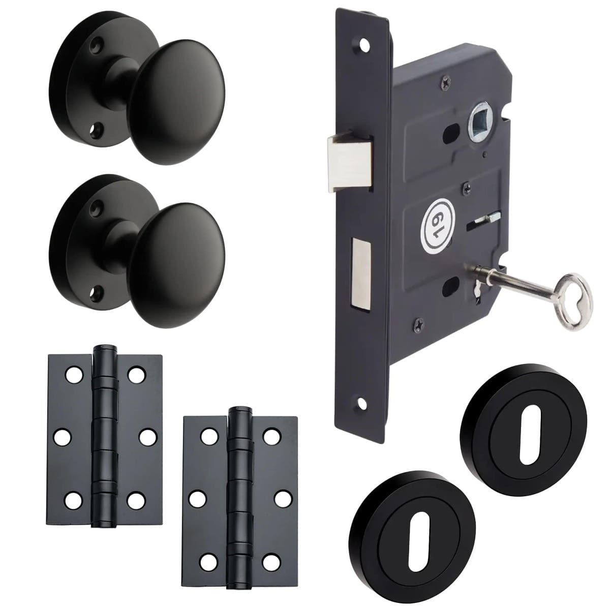 Orion Mortice Door Knob Lock Door Pack - Matte Black - 76mm - Knob/3 Lever Sashlock/Hinges - Designer Levers