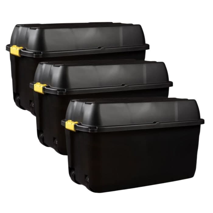 175L Heavy Duty Plastic Storage Box with Wheels and Waterproof Lid, Black - Set Of 3 Strata