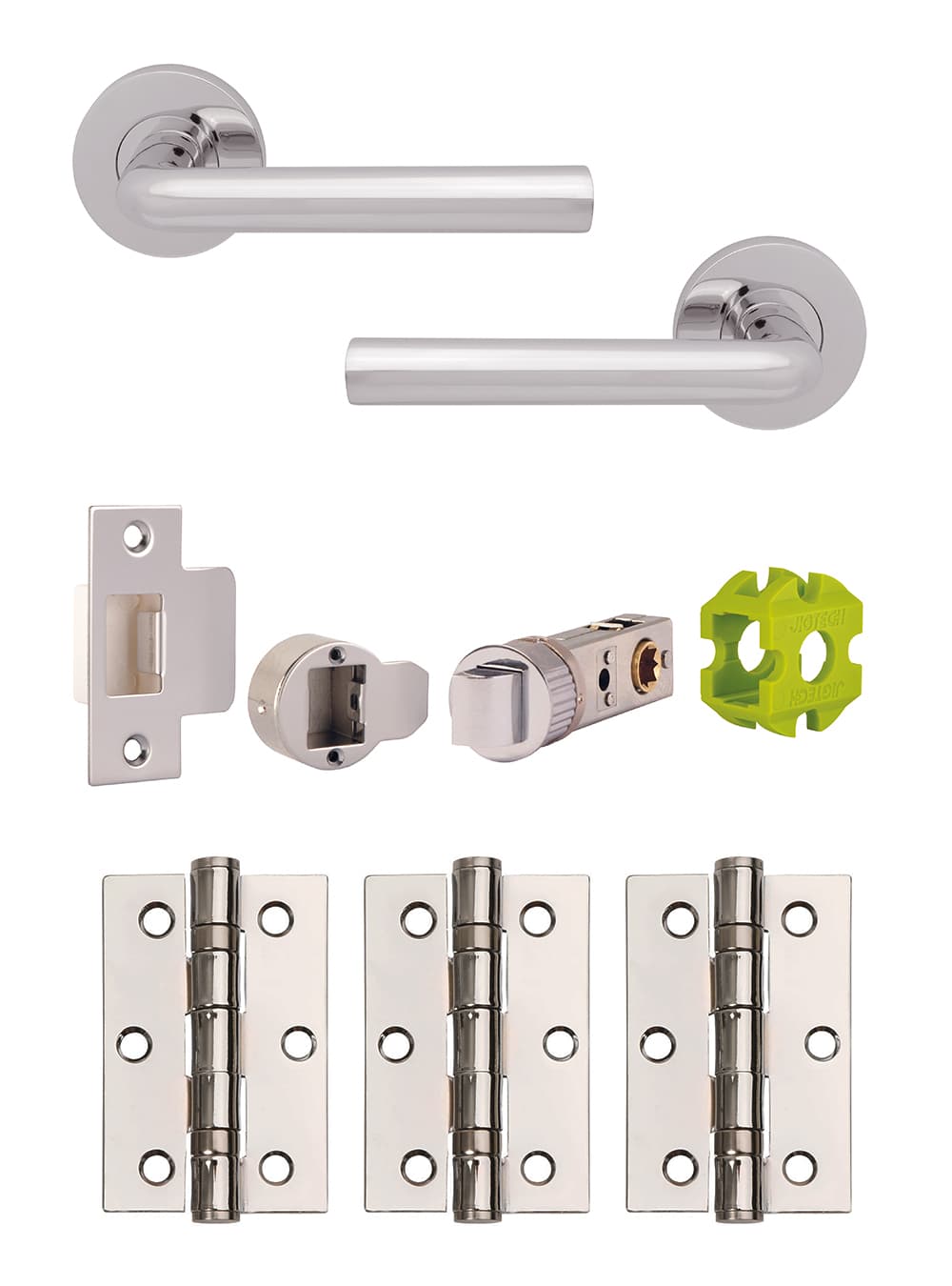 Jigtech JTB72025 Riva Round Rose Lever Handle Door Pack Polished Chrome (Includes 57mm Latch & 3xHinges)