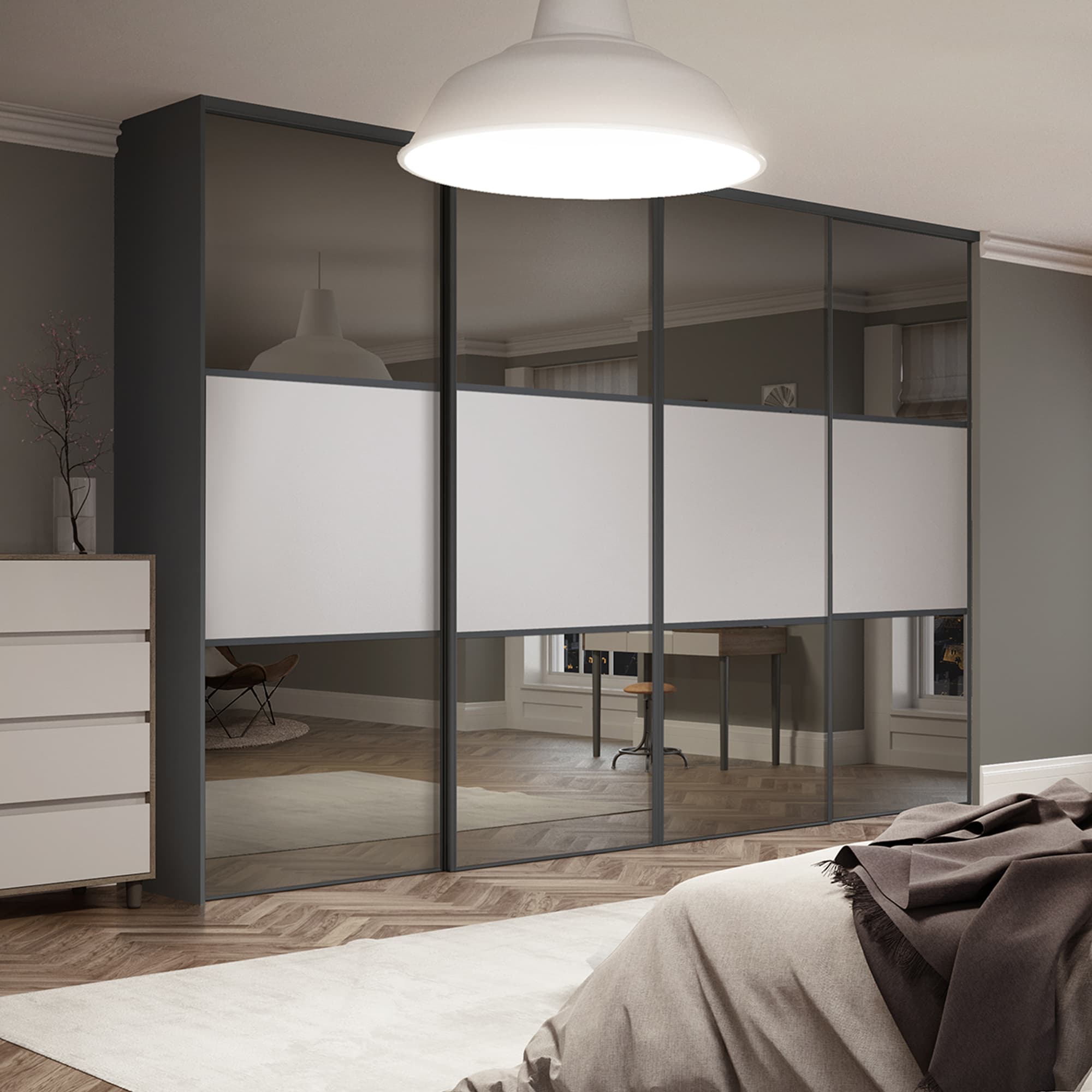 Spacepro Grey MFC and Glass Classic Graphite Frame Mirror Panel Sliding Doors, Size: 3586x2260mm