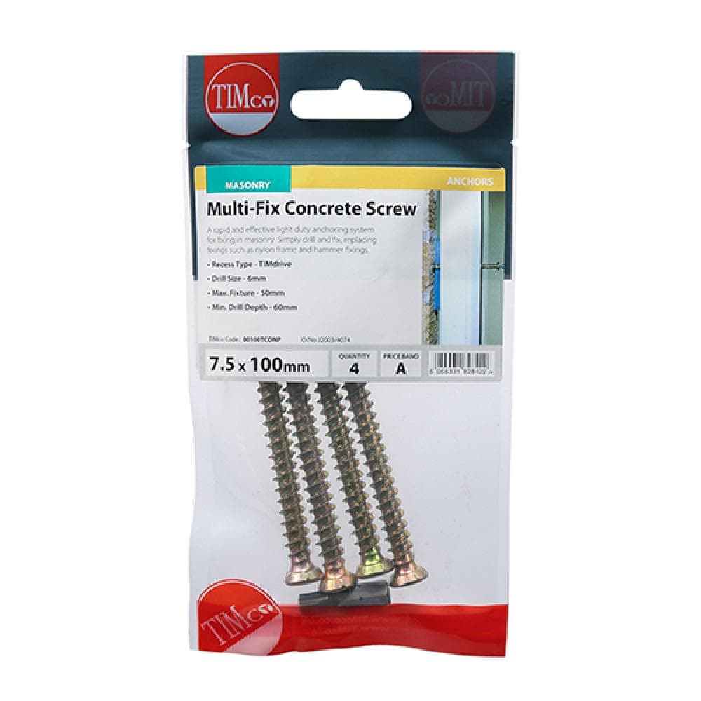 Timco 00100TCONP Concrete Screws - Tx - Flat Countersunk - Yellow 7.5 X 100 TIMpac 4