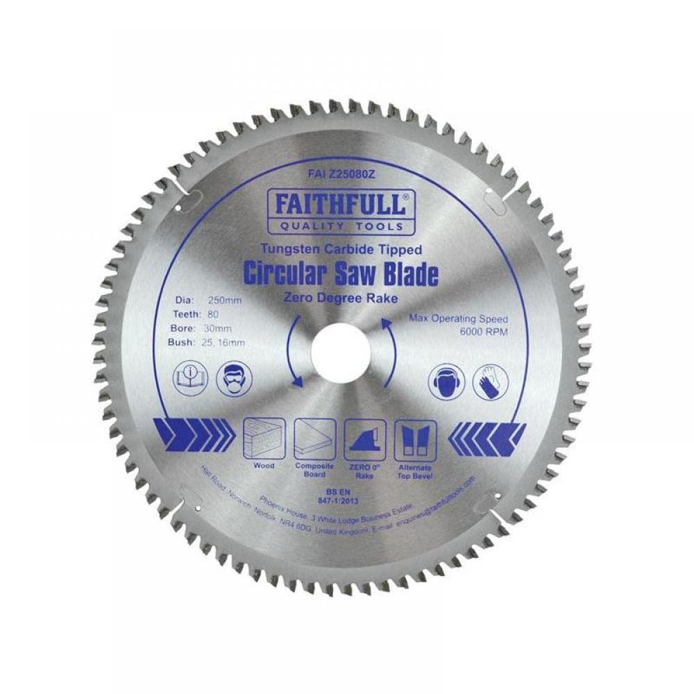 Faithfull FAIZ25080Z Tct Circular Saw Blade Zero Degree 250 X 30Mm X 80T