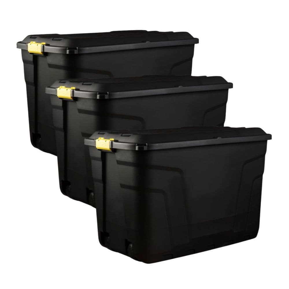 190L Heavy Duty Plastic Storage Box with Wheels and Lockable Lid – Black, Set Of 3 Black Strata