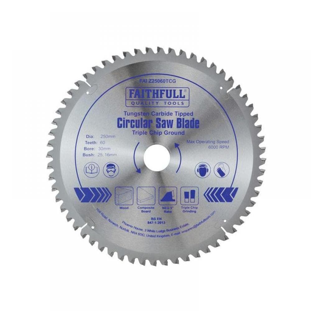 Faithfull FAIZ25060TCG Tct Circular Saw Blade Triple Chip Ground 250 X 30Mm X 60T Neg