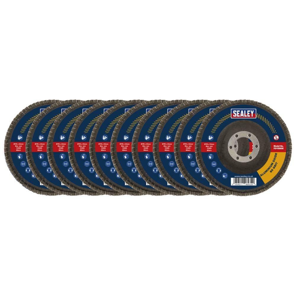 Sealey FD11560E10 60Grit Flap Discs Aluminium Oxide Ø115Mm Ø22Mm Bore - Pack Of 10