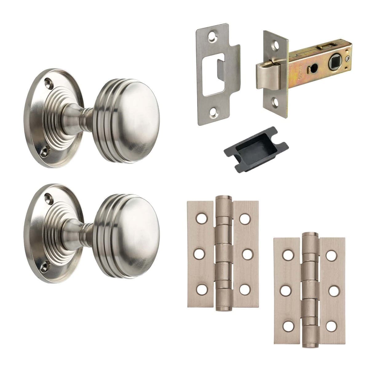 Ringed Mortice Door Knob Complete Internal Door Pack - Satin Nickel - 76mm - Knob/Latch/Hinges - Designer Levers