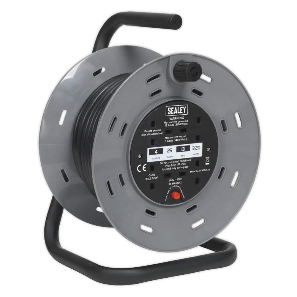 Sealey BCR2525 Cable Reel 25M 4 X 230V 2.5Mm² Thermal Trip
