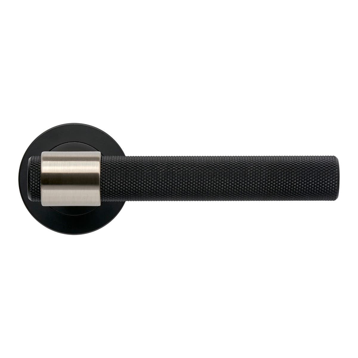 Kensington Knurled Lever on Rose Door Handle - Satin Nickel/Matte Black - Pair - Designer Levers
