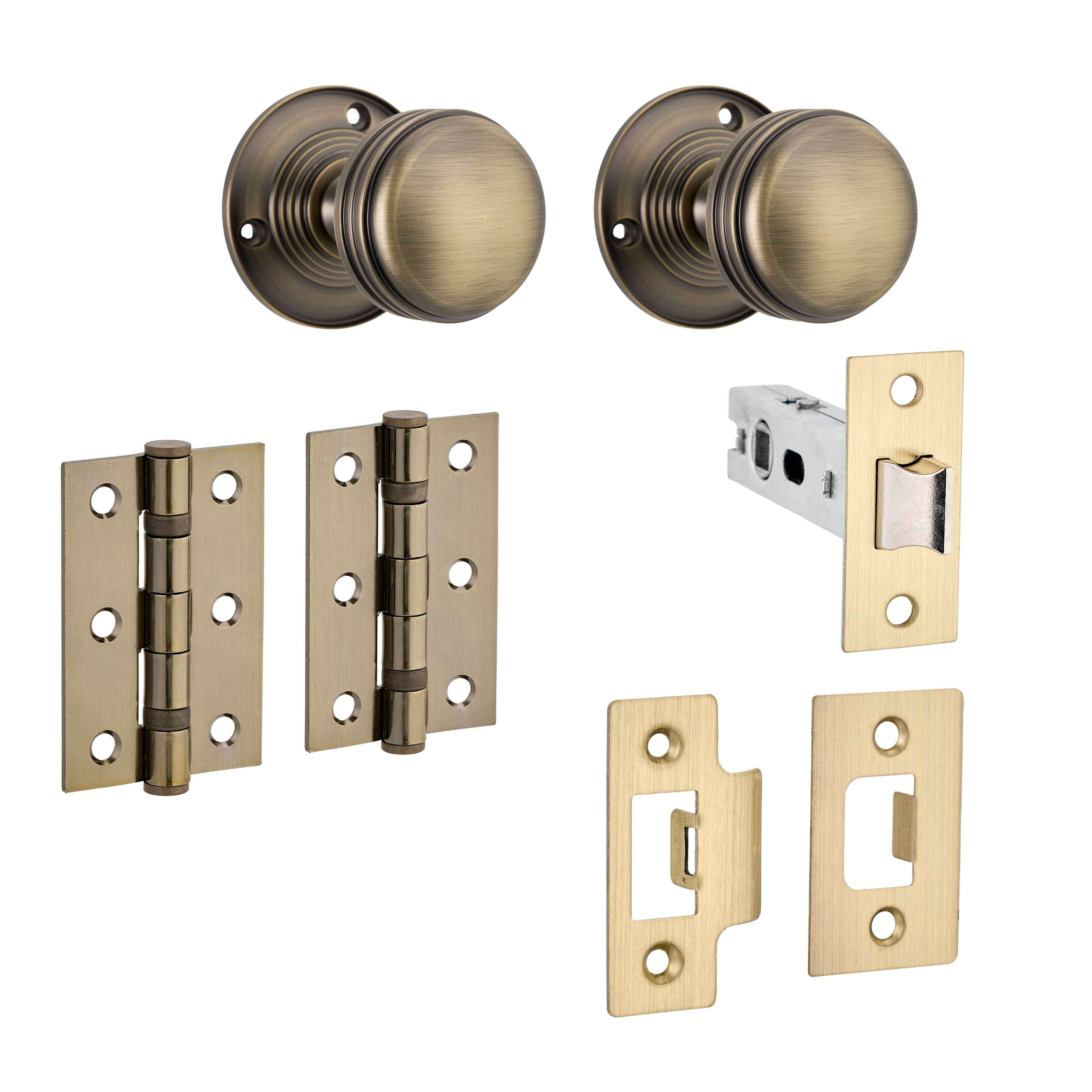 Sprung Mortice Door Knob - Antique Brass - Complete Door Pack - Designer Levers