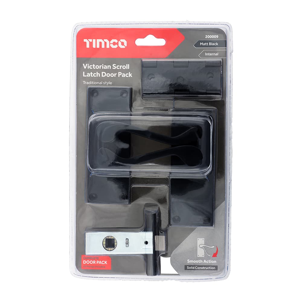 Timco Victorian Scroll Latch Door Pack - Matt Black Blister Pack 1 200009