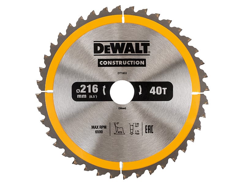 Dewalt DT1953-QZ Stationary Construction Circular Saw Blade 216 X 30Mm X 40T Atb/Neg