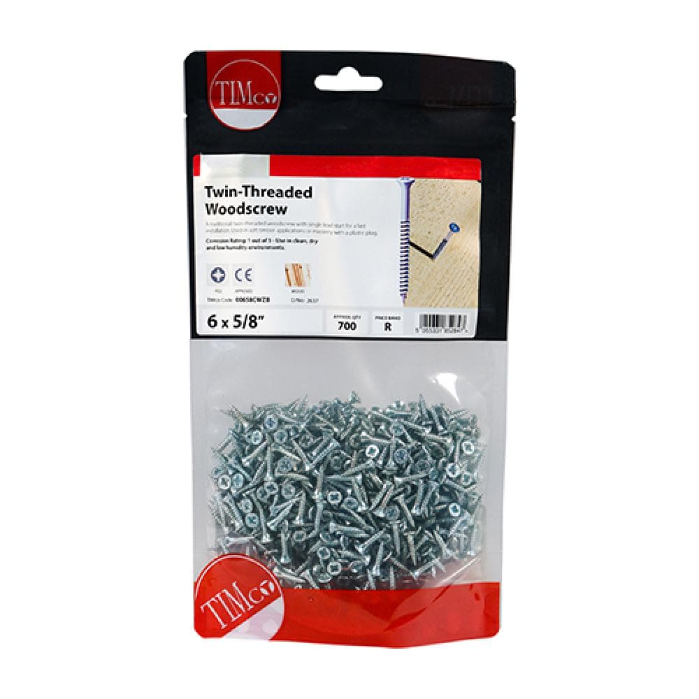 Timco 00658CWZB Twin-Thread Woodscrews - Pz - Double Countersunk - Zinc 6 X 5/8 TIMbag 700